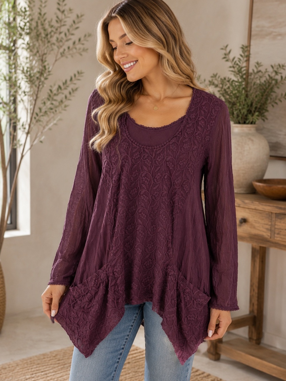 Johnny Was Plum Lace-Detail Handkerchief Hem Tunic 🦋